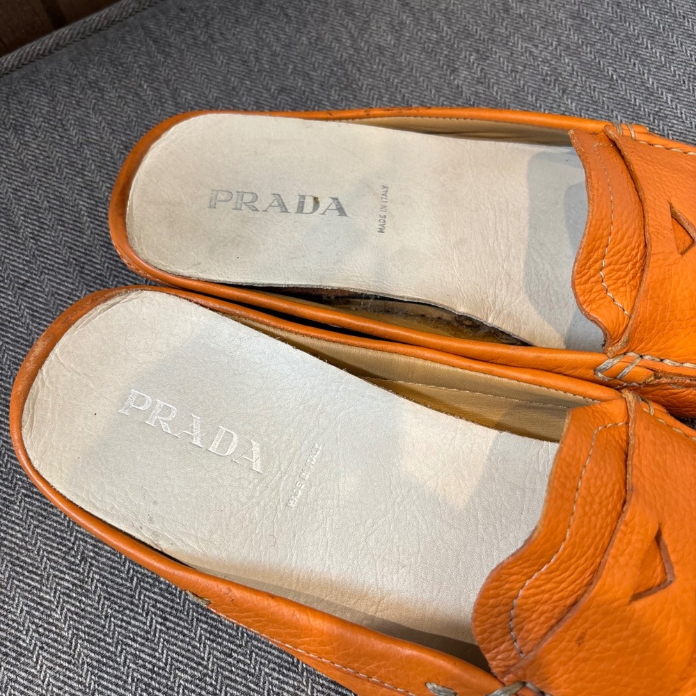 Prada Orange Pebbled Leather Mule Loafers Slip On Italy Womens 39 - Picture 6 of 8